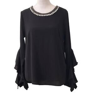Meraki Black Long Sleeve Flutter Blouse Top Rhinestone Neckline Size M